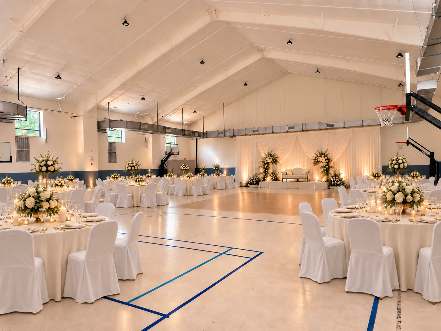 Wedding setup concept in the Al Noor gym with covered white chairs